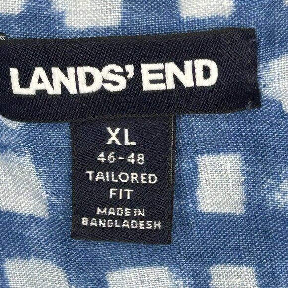 Lands’ End Shirt Mens XL Blue White Linen Check Plaid Button Up Tailored Fit - Picture 4 of 13
